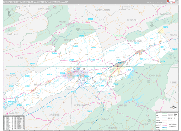Kingsport-Bristol-Bristol, TN Metro Area Wall Map